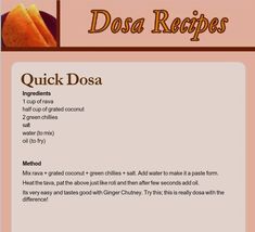 a recipe for quick dosa is shown in the menu style, with instructions to make it