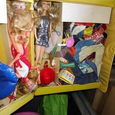 there are many dolls in the closet together