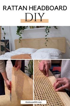 rattan headboard diy with instructions to make it look like an upholstered bed