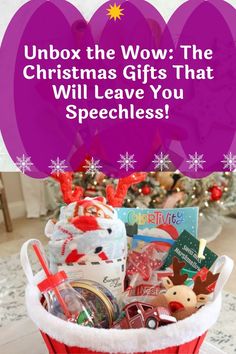 a basket filled with christmas gifts sitting on top of a table