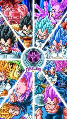 dragon ball z wallpaper with all the characters and their names in purple, blue, yellow