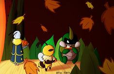 an animated image of two cartoon characters in front of some leaves and trees, one is looking at another character