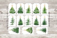 watercolor christmas tree gift tags with gold stars on the top and green trees in the bottom