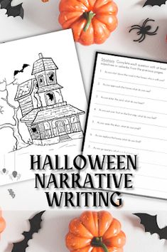 halloween writing activity with pumpkins and bats on the table next to it, which includes an image of a house