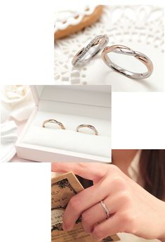 three different views of wedding rings in a box, one with diamond accents and the other with an open ring