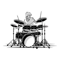 a man playing the drums in front of a drum set on a white background illustration