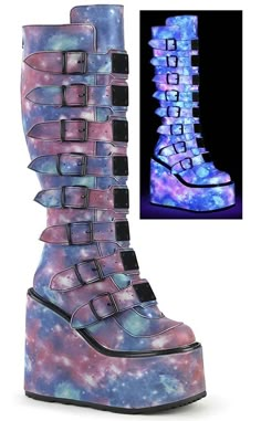 Swing your way into the club with this series of platform wedged boots and shoes, with buckles and straps and decals galore! Vegan Purple-blue reflective PU leather 5 1/2 inch platform wedge Knee length 8 straps w/ buckles Metal plates Side zip U.S women's sizing-refer to size chart for more info Please note: these shoes are in our warehouse, ready to ship. If your size isn't available, your can preorder a pair here. Platform Knee High Boots, Demonia Boots, Purple Boots, Gothic Boots, Demonia Shoes, Goth Shoes, Attitude Clothing, Goth Boots, Kawaii Shoes