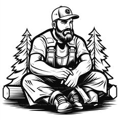 a black and white drawing of a lumber man sitting in front of some pine trees