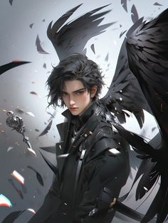 an anime character with black hair and wings