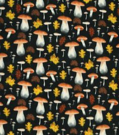 an image of mushrooms and leaves on a black background with oranges, yellows, and browns