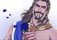 an animated image of a man with long hair wearing a blue vest and holding a rose