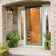 the front door to a home with potted plants on the side and steps leading up to it