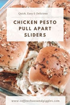 chicken pesto pull apart sliders with text overlay