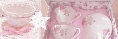 two pictures show the inside of a box with dishes and cups in it, one has a pink bow