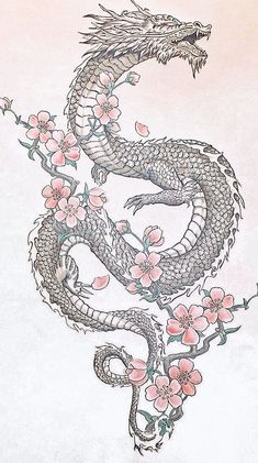 a drawing of a dragon with flowers on it