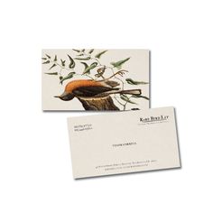 two postcards with birds on them and leaves in the background, one has a white envelope