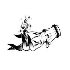 an ink drawing of a woman holding a glass bottle with fire coming out of it