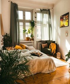 a bed sitting in a bedroom next to a window with plants on top of it