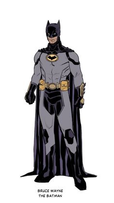 the batman is standing in his black and grey costume with yellow accents on it's chest