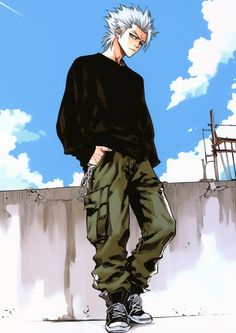 an anime character with white hair standing in front of a blue sky and some clouds