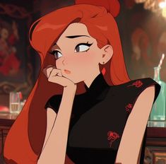 a woman with red hair sitting in front of a bar and looking at the camera