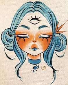 a drawing of a woman's face with blue hair and orange eyeshadow