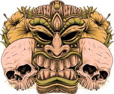 Tiki Mask Skull Illustration Design on Merchandise -- Choose from our vast selection of Crewneck and V-Neck T-Shirts to match with your favorite design to make the perfect graphic T-Shirt. Pick your favorite: Classic, Boxy, Tri-Blend, V-Neck, or Premium. Customize your color! For men and women. Skull Illustration Design, Tiki Head, Hat Art, Tiki Mask, Mask Art, Summer T Shirts, Skull Illustration, Masks Art, Wood Burning