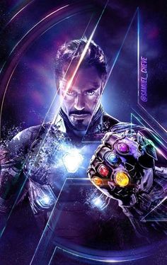 the avengers movie poster with iron man holding a glowing object in his right hand and looking at