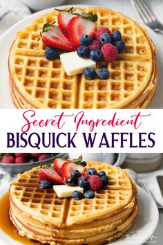 two waffles with fruit on top and the words secret ingredient bisquick waffles