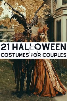 two people dressed up in costumes with the words 21 halloween costumes for couples over them