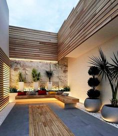 an outdoor living area with plants and lights