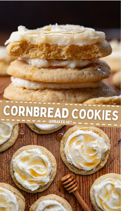 one image shows three cornbread cookies stacked on top of each other with honey dripping down them. The second image shows seven cookies on a wooden board with a wooden honey dipper next to them. Flavored Cornbread Recipe, Cornbread Cookie Recipe, Trix Cookies, Unique Christmas Cookie Flavors, Cornbread Crumble Cookie Recipe, Easy Unique Cookie Recipes, Crumble Cookie Cornbread Copycat Recipe, Unique Bakery Treats, Copycat Crumbl Cornbread Cookies