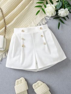 Blanco Casual Collar  Tela tricotada Liso Pierna recta Embellished Elástico Ligero Shein Kids, Shorts For Summer, Girls Shorts, Pleated Shorts, White Casual, Short Girls, Girls Clothing, Summer Shorts, White Color