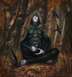 a painting of a person sitting in the woods