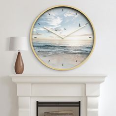 a clock on the wall above a fireplace