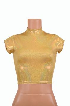 Gold Sparkly Jewel Cap Sleeve Crop Top with Short Collar - 156822 Gold Shirts For Quinces, Cheap Gold Tops With Buttons, Cheap Vintage Gold Tops, Shiny Gold Tops For Summer, Shiny Gold Party Tops, Metallic Fitted Short Sleeve Tops, Metallic Fitted Crew Neck Top, Gold Shimmer Stretch Tops, Gold Shimmer Party Tops