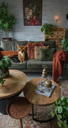 a living room filled with lots of furniture and plants on top of it's tables