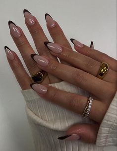 Fall French Nails Almond, Chocolate Tip Nails, Almond Nail Inspo French Tip, Dark Almond Nails Fall, Dark Brown French Tip Nails Almond, Best Fall Nails 2024, Brown French Tip Design, Brown French Almond Nails