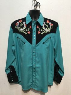 1950s Vintage Reproduction Embroidered Horseshoe Western Shirt - Etsy Western Embroidered Shirt For Rodeo, Embroidered Horseshoe, Turquoise And Black, Rodeo Queen, Angel Sleeve, Shirt Embroidery, Western Shirt, Vintage Western, Mens Oxfords