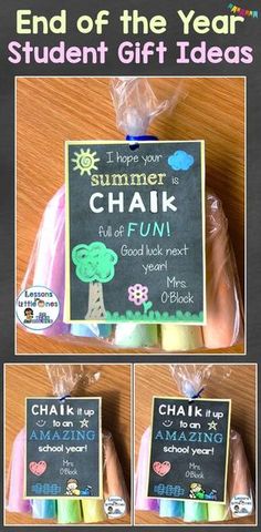 the end of the year student gift idea is chalk and some crayons are wrapped in plastic