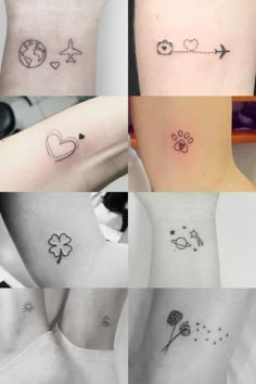 six different tattoos with hearts, flowers and an arrow