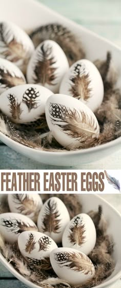 two white bowls filled with feathers on top of a table