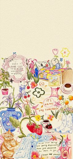 a drawing of flowers and teapots on a table with words written in it