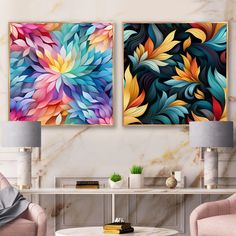 two paintings on the wall in a living room