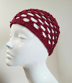 Inspired by the boho chic and disco styles of the 1970's, this dark red crochet skull cap will put you in the party mood. If you're planning a night out, or going off to a festival or concert, this skull cap adds a stylish, retro touch to your outfit. Hand crafted with high quality, fine 100% cotton yarn, this chequered/ granny square effect mesh skull cap has a metallic red thread running through the design for extra glitter and sparkle. The edge is decorated with matching red glass pearl beads Red Crochet Hat For Beach, Red One-size Crochet Hat For Beach, One-size Red Crochet Hat For Beach, One-size Red Crochet Hat For The Beach, Red Adjustable Bohemian Crochet Hat, Adjustable Bohemian Red Crochet Hat, Red Crochet Hat, One Size Fits Most, Red Crochet Beanie For Beach, Red Beanie Crochet Hat For Beach