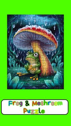 a frog and mushroom puzzle on a green background