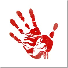 a red hand print with an image of a woman's face