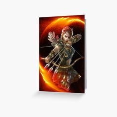 a woman with an arrow and bow in her hand, surrounded by fire art print