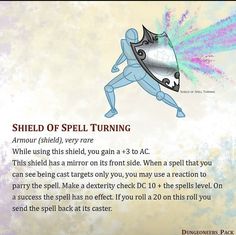 an image of a man holding a shield with words in front of him that say shield of spell turning