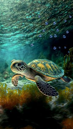 a painting of a sea turtle swimming in the ocean with corals and fish around it